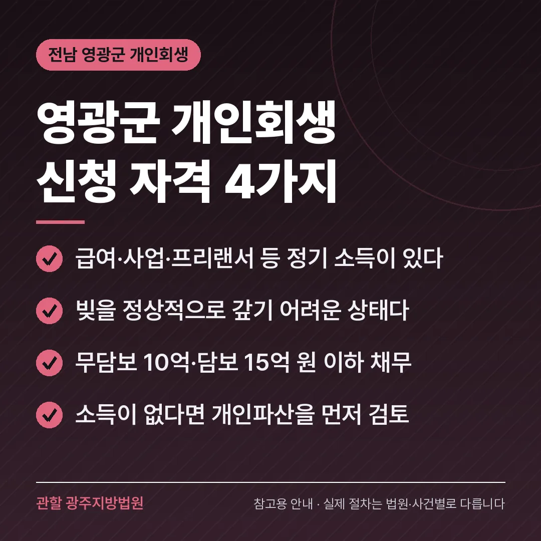 전남 영광군 개인회생 신청 자격 4가지 전남 영광군 개인회생 신청 자격 4가지