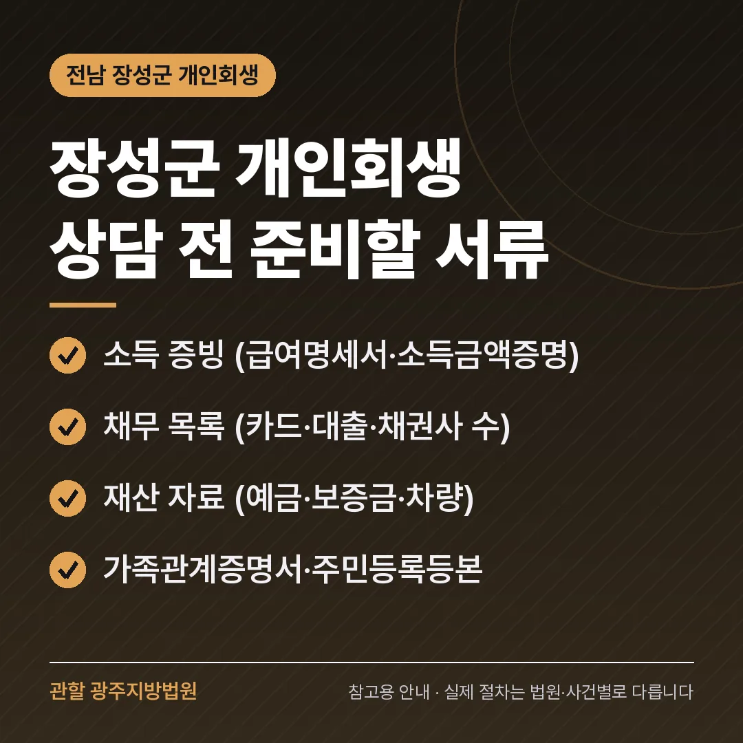 전남 장성군 개인회생 상담 전 준비 서류